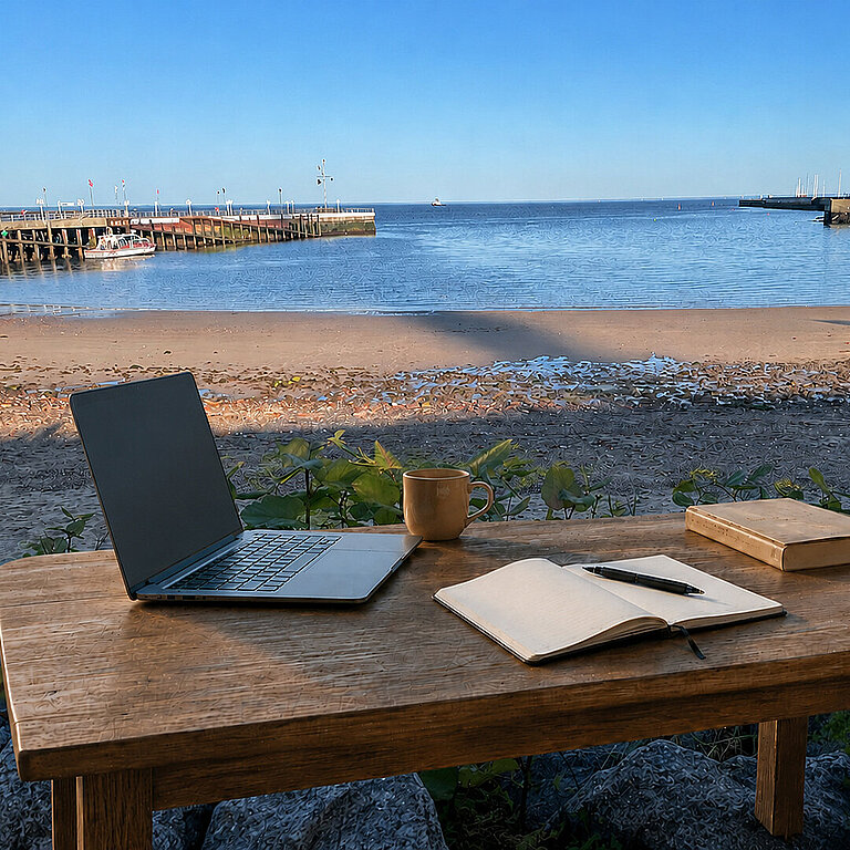 Am Südstrand von Helgoland steht ein Schreibtisch. Darauf befinden sich Laptop, Kaffeebecher, Stift und Notizbuch.